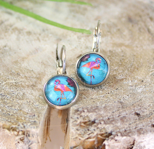 Handgemachte Edelstahl Ohrhänger mit Flamingo Motiv in Blau und Türkis