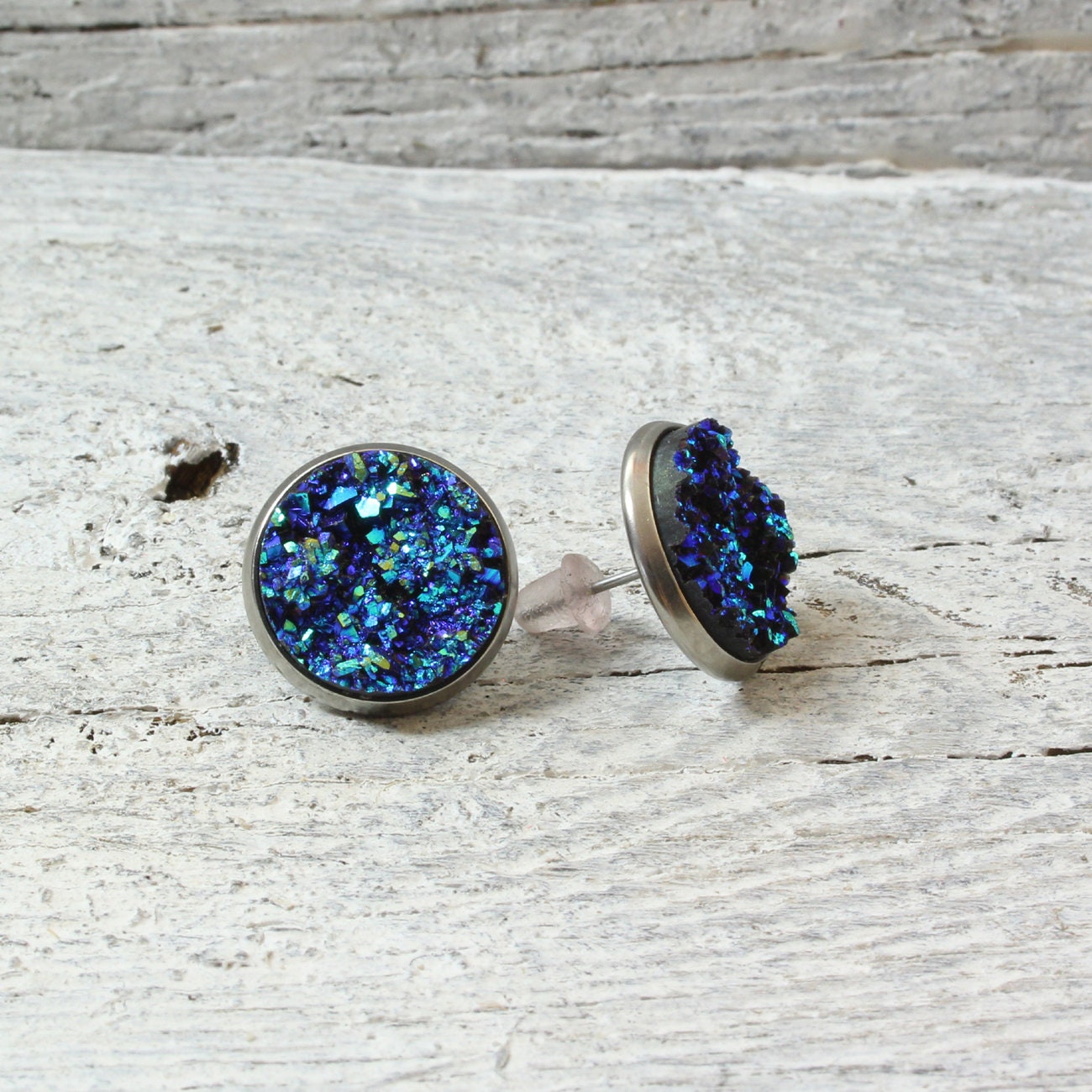 Edelstahl Ohrstecker Faux Druzy Blau – Funkelnde Glitzer Ohrringe