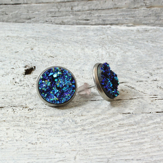 Edelstahl Ohrstecker Faux Druzy Blau – Funkelnde Glitzer Ohrringe