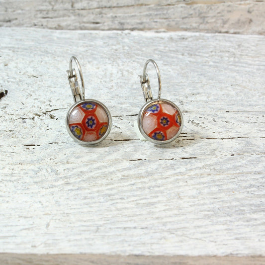 Edelstahl Ohrhänger Rot/Blau/Weiß mit Blumen – Lampwork Glasperlen 12 mm