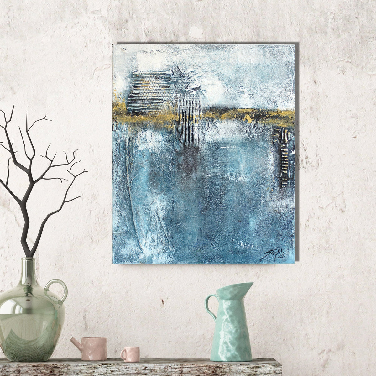 Original abstrakte Acrylmalerei, 46x56 cm in Blau und Gold, moderne Kunst von ATELIER steph-aRt - einzigartiges Leinwand - Kunstwerk UNIKAT - Hochwertige handgemalte Kunst auf Leinwand.