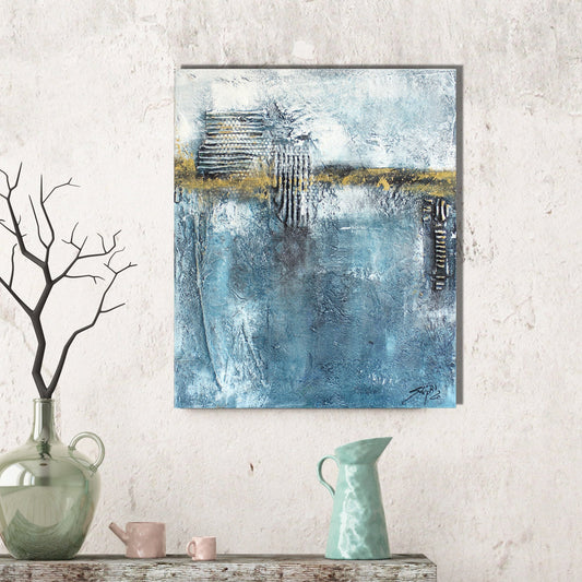 Original abstrakte Acrylmalerei, 46x56 cm in Blau und Gold, moderne Kunst von ATELIER steph-aRt - einzigartiges Leinwand - Kunstwerk UNIKAT - Hochwertige handgemalte Kunst auf Leinwand.