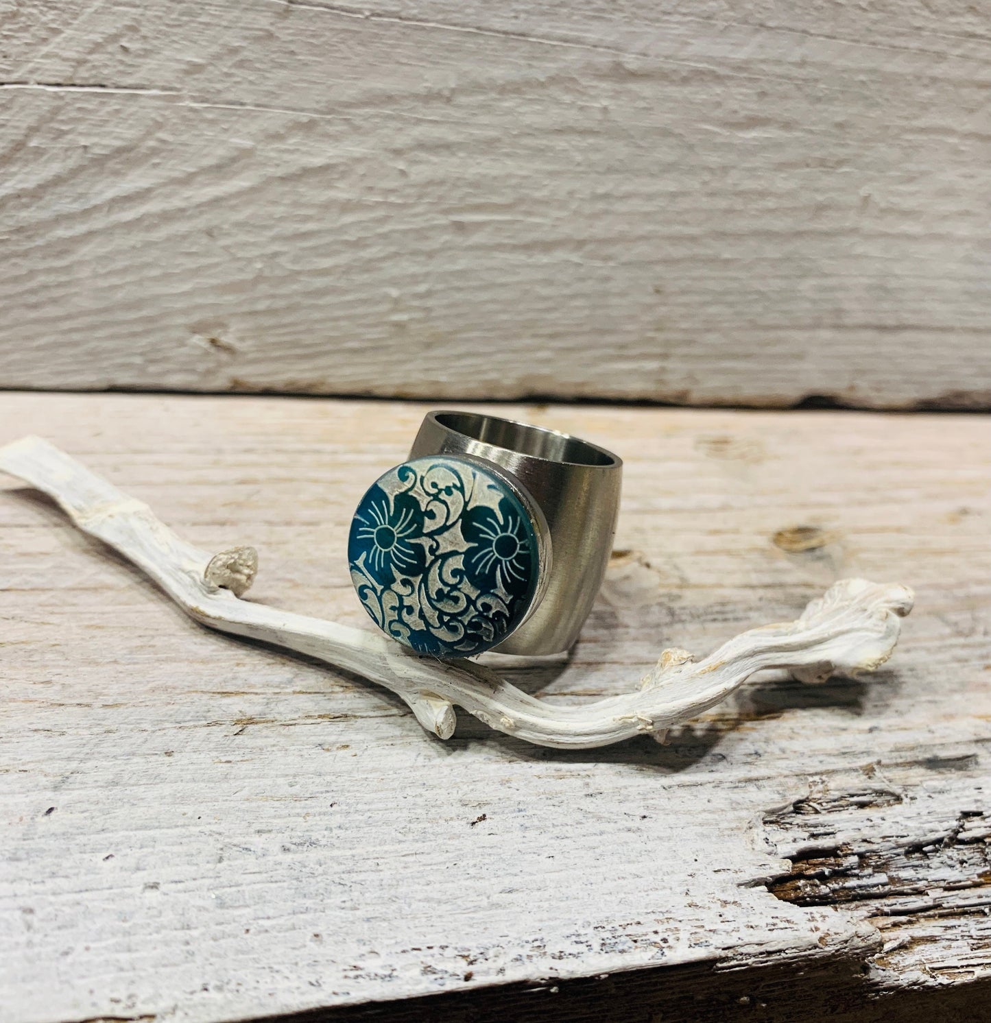 Edelstahl Ring 17mm – Blumen Design in Blau und Türkis, wechselbar