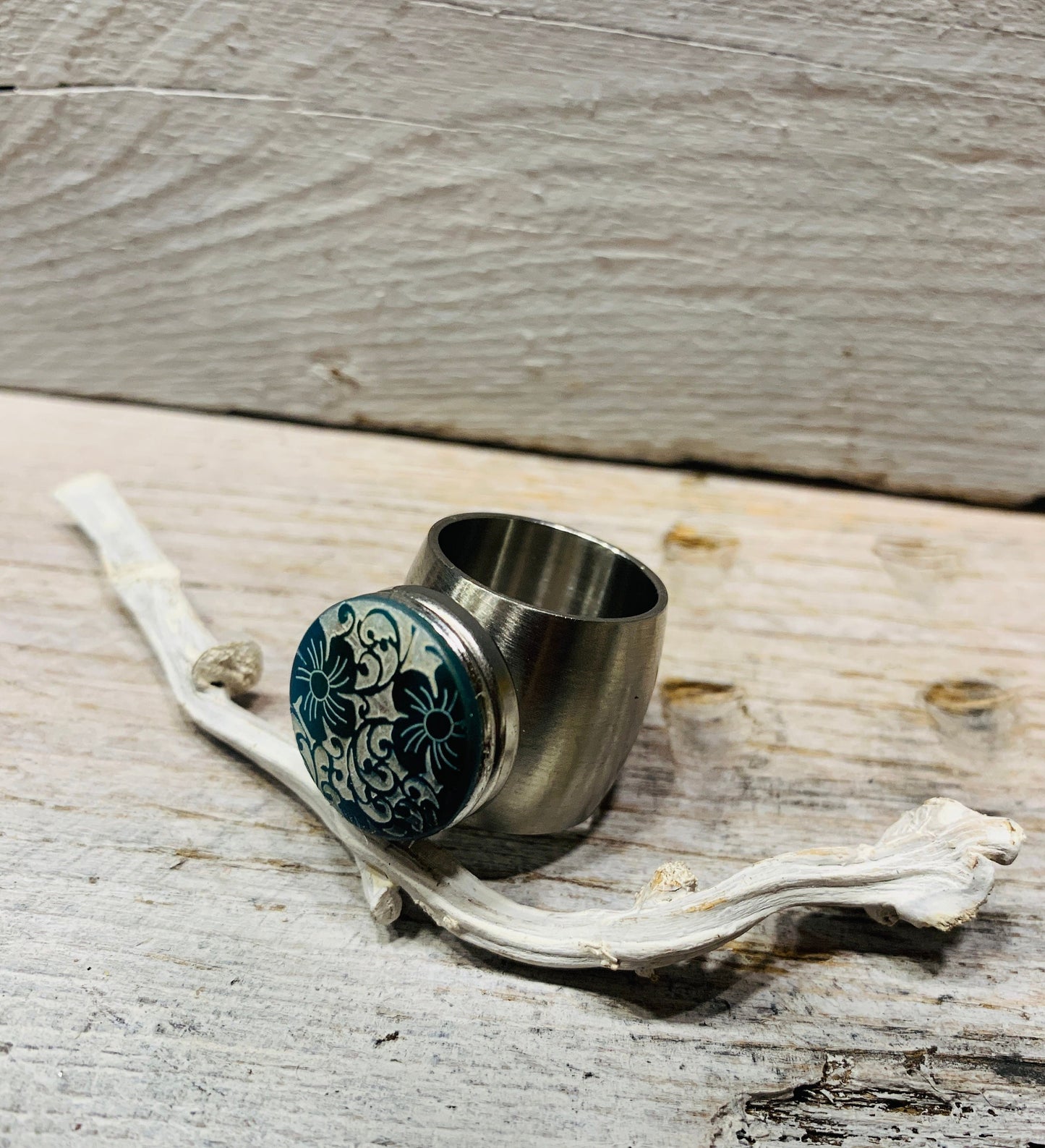 Edelstahl Ring 17mm – Blumen Design in Blau und Türkis, wechselbar