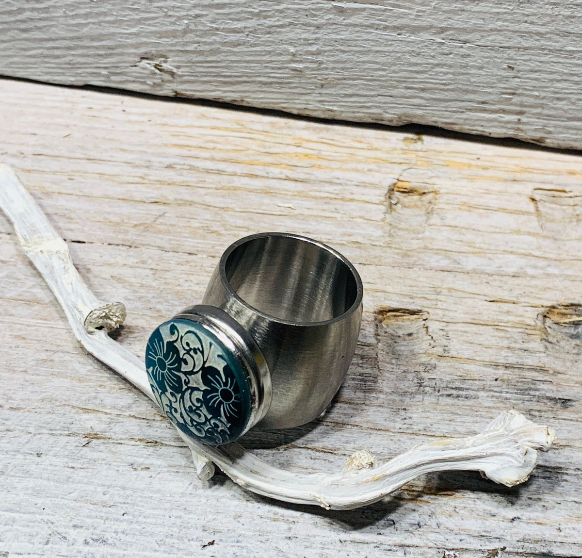 Edelstahl Ring 17mm – Blumen Design in Blau und Türkis, wechselbar