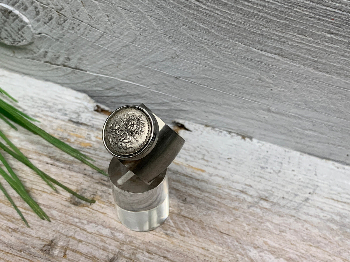 Breiter Edelstahlring Gr. 17 mit Löwenzahn Pusteblume – Eleganter Wechselschmuck