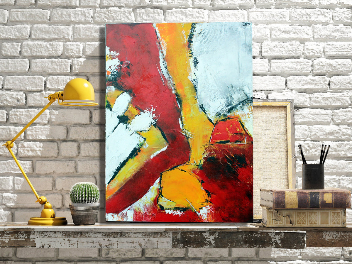 Original " Waiting "  - Größe 50 x 70 cm gelb rot UNIKAT Malerei ORIGINAL Modern Abstrakt Bild Acryl Mischtechnik - Hochwertige handgemalte Kunst auf Leinwand.