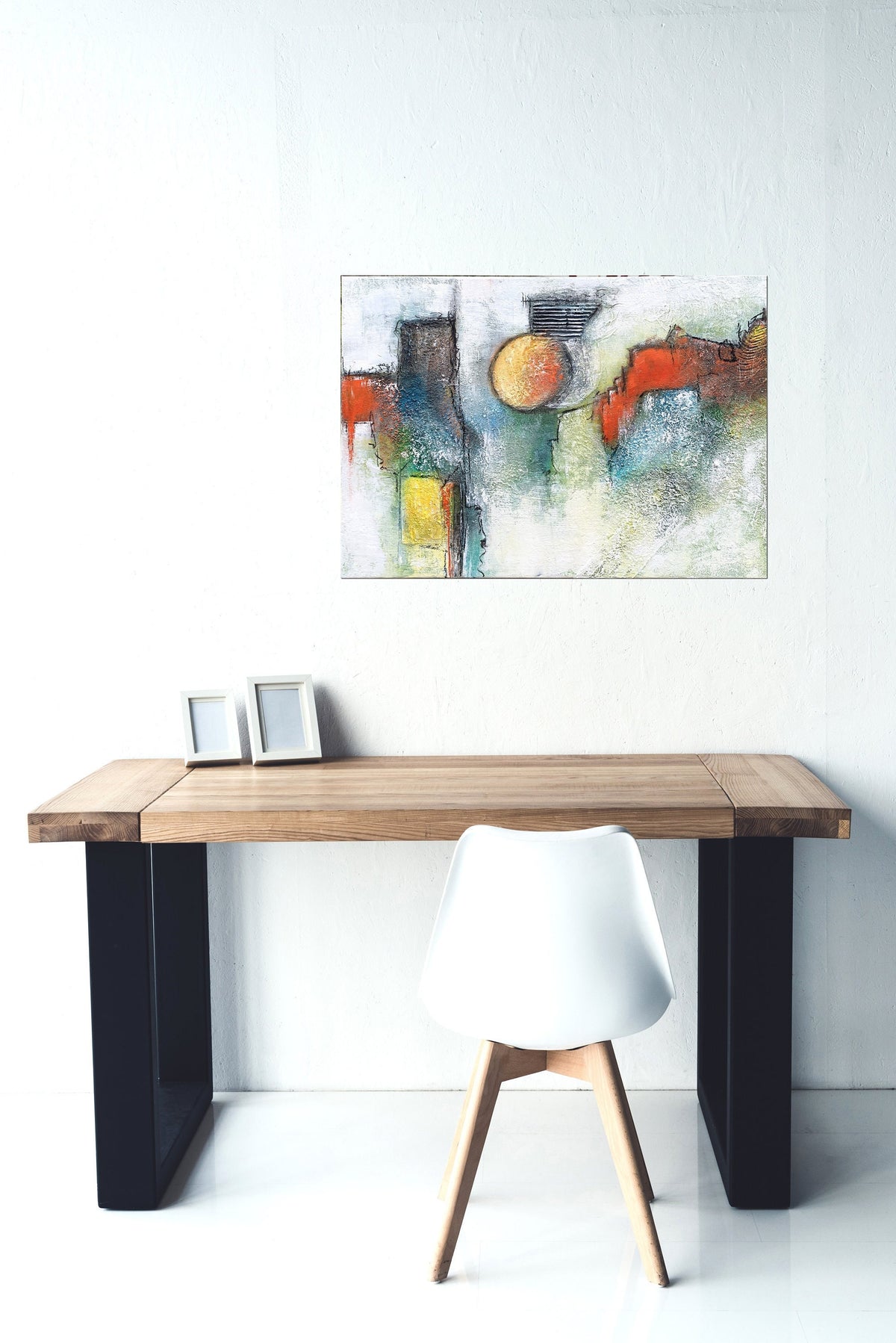 Original  " o.T. "  - Größe 40 x 50 cm grün orange weiß UNIKAT Malerei ORIGINAL Modern Abstrakt Bild Acryl Mischtechnik - Hochwertige handgemalte Kunst auf Leinwand.