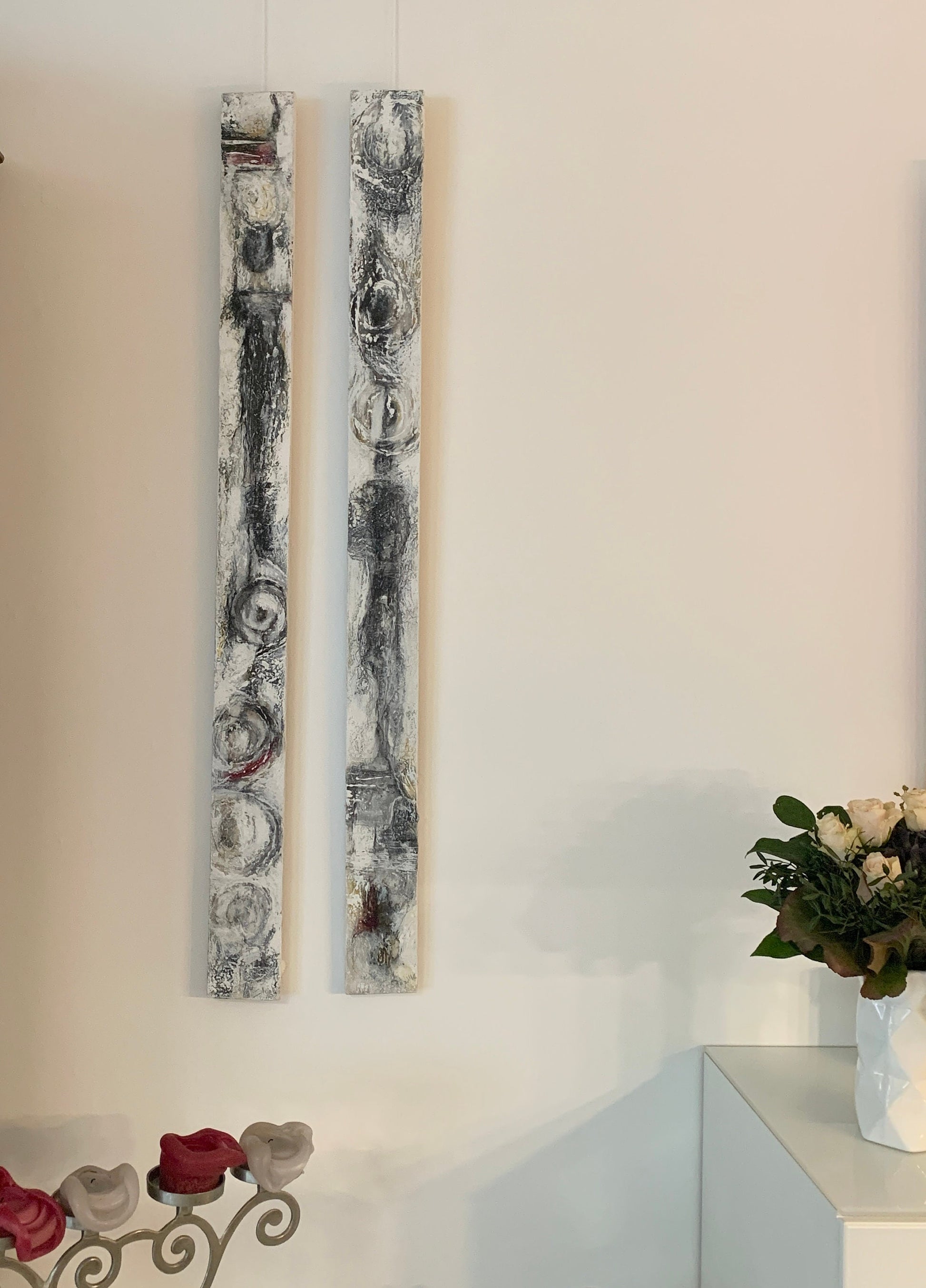 Original Holzplanken bemalt  " Diptychon weiß schwarz rot "  - UNIKAT Malerei ORIGINAL Modern Abstrakt Bild Acryl Mischtechnik - Hochwertige handgemalte Kunst auf Leinwand.
