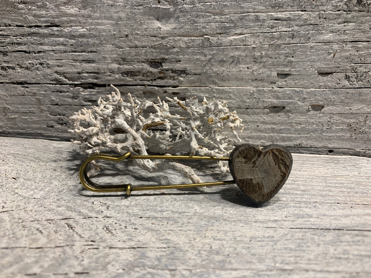 Ponchonadel mit Horn-Herz auf verwittertem Holz vor Trockenflechte