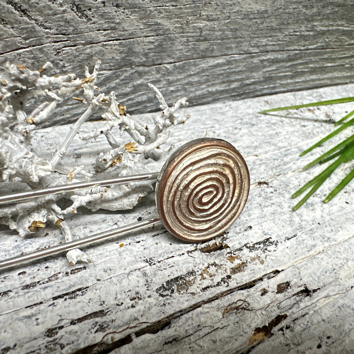 Ponchonadel mit Spiralmotiv auf verwittertem Holz vor Trockenflechte