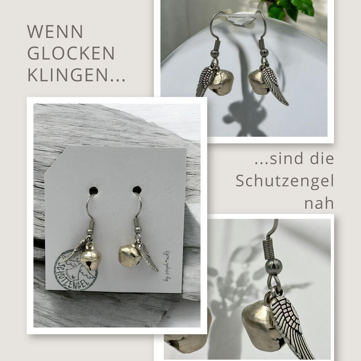 Ohrringe mit Glöckchen und Flügel neben einer Karte mit Schutzengel-Spruch